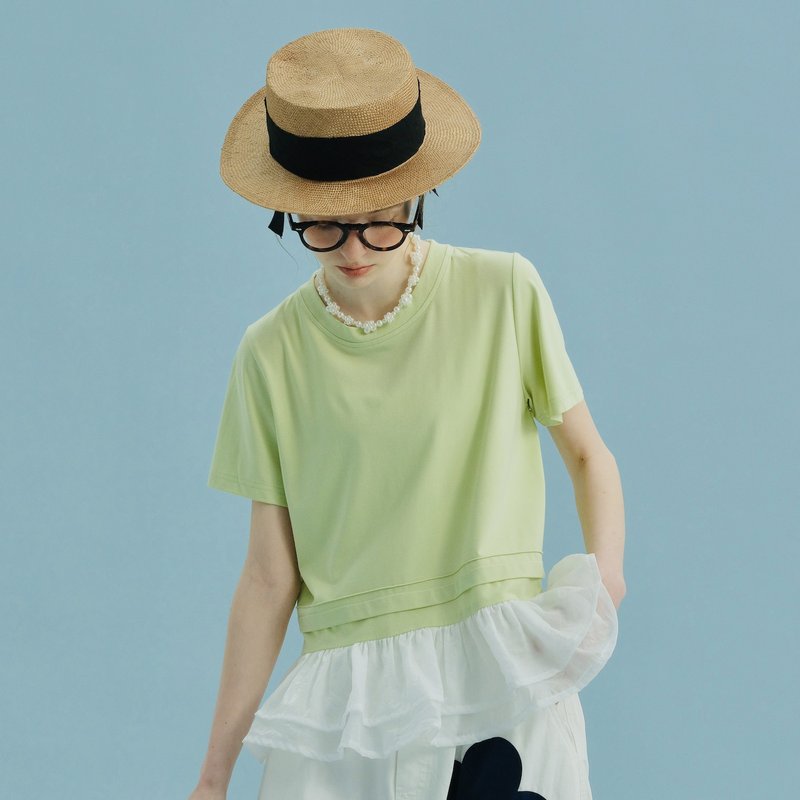 青綠拼接紗T恤 / 上衣 T-shirt - 女 T 恤 - 棉．麻 綠色
