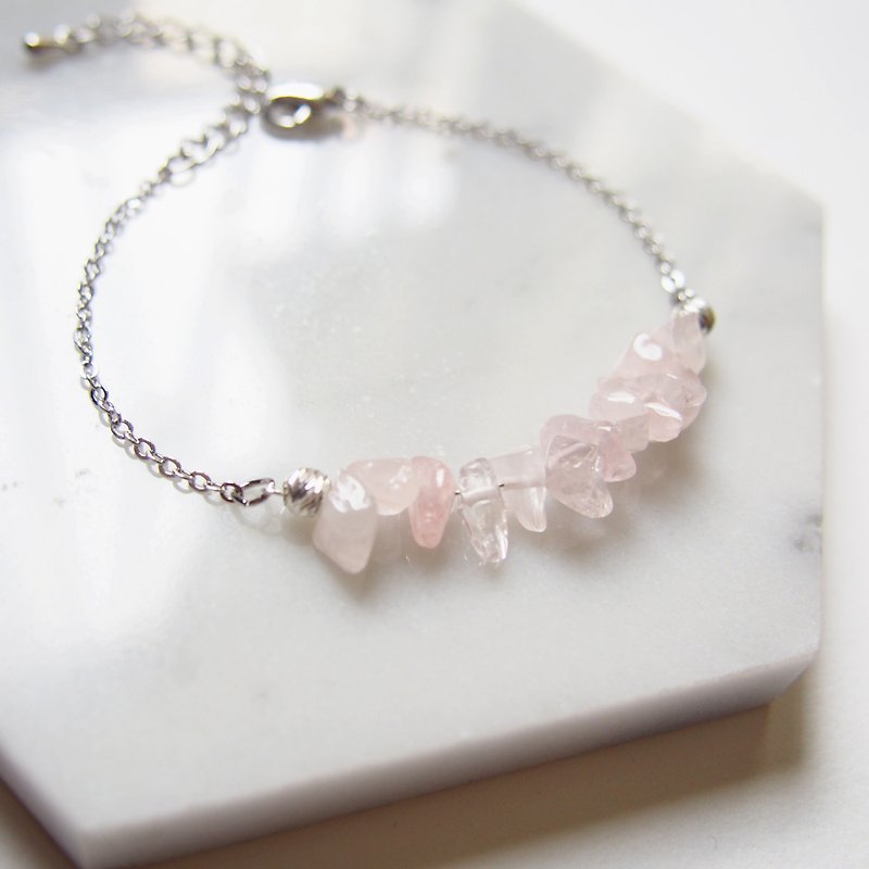 Simple powder crystal, natural stone, 925 silver beads, rhodium-plated brass bracelet - Bracelets - Gemstone Pink