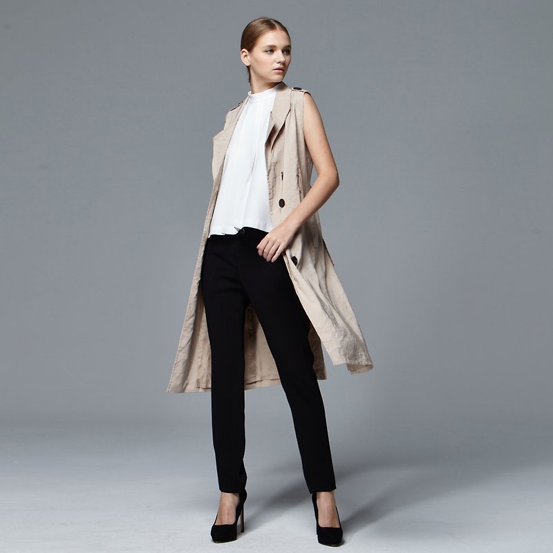 Khaki double-breasted sleeveless coat - Women's Blazers & Trench Coats - Linen Khaki