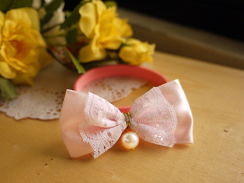 Lace Small Pearl Bow Ribbon - Safe Handmade Pet Items for Cats and Dogs - ปลอกคอ - ผ้าฝ้าย/ผ้าลินิน สีน้ำเงิน