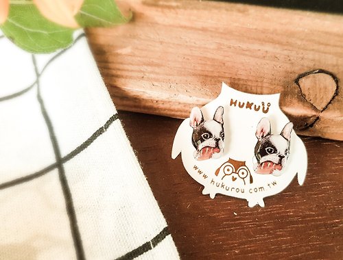 芙格鹿設計好物Hukurou | 手繪寵物系列 | 法國鬥牛犬貼耳耳環(法鬥-黑白)
