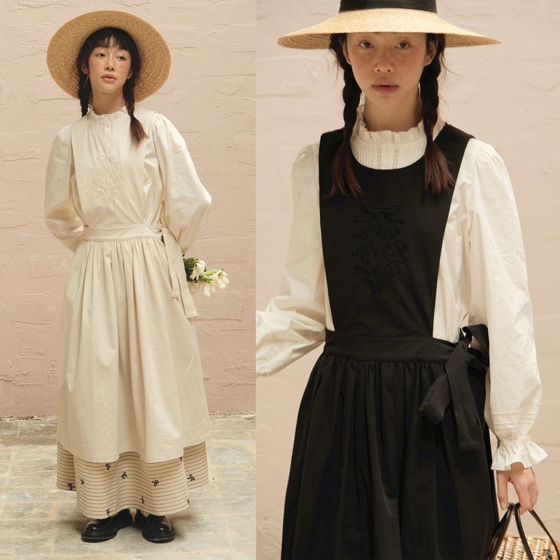 MintCheese 鈴蘭蝴蝶結刺繡古典背帶罩裙 羽黑/坯佈白 - 洋裝/連身裙 - 棉．麻 多色