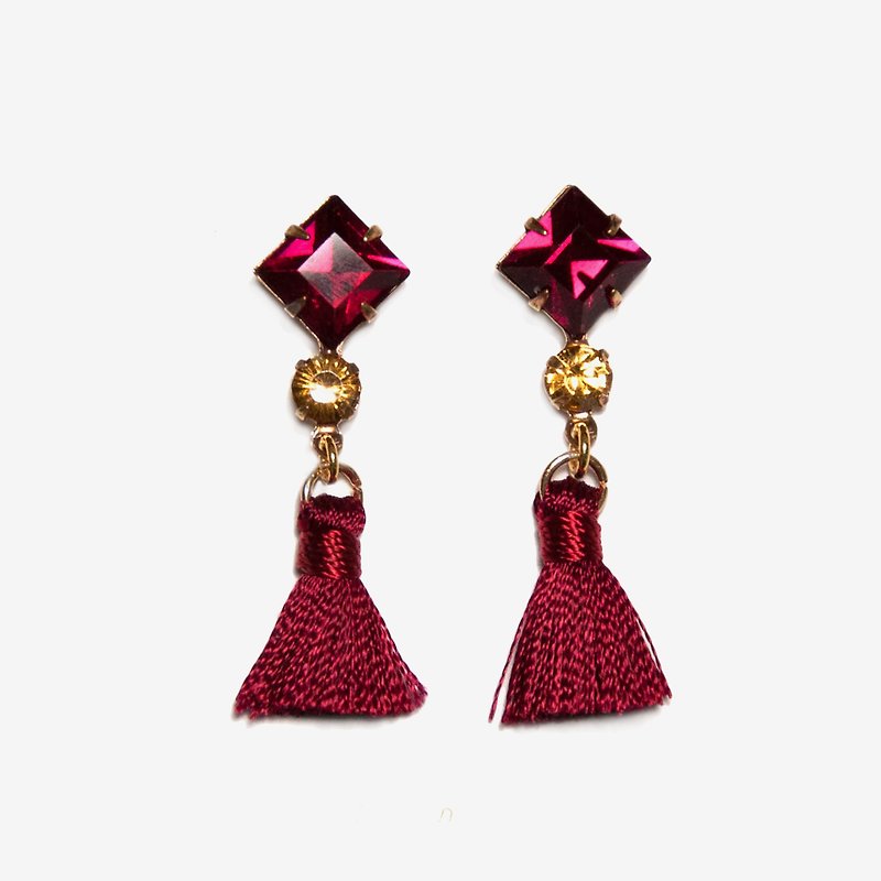 Ruby Vintage Glass Crystal with Silk Tassel Earrings, Post Earrings, Clip On Earrings - Earrings & Clip-ons - Other Metals Red