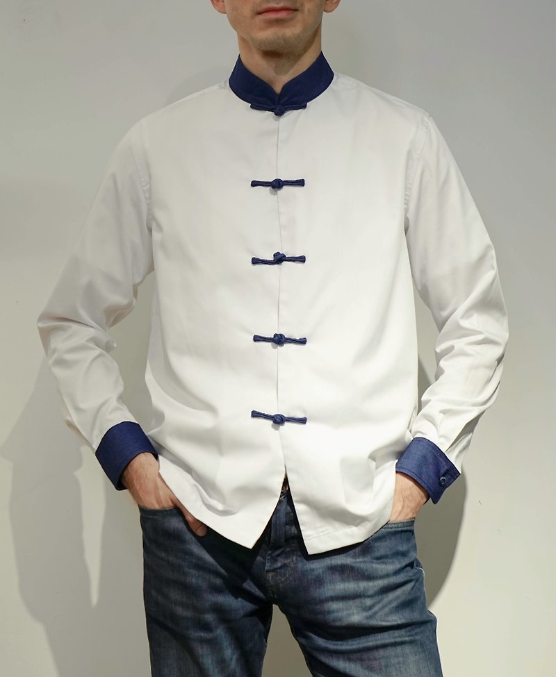 男士拼色唐裝襯衫 (白色/牛仔) - 男裝 恤衫 - 棉．麻 藍色