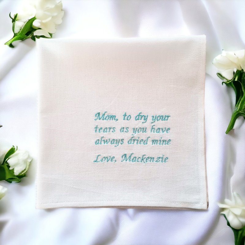 Handkerchief linen custom poem embroidered, Personalized Wedding hankie gift Mom - ผ้าเช็ดหน้า - ลินิน ขาว