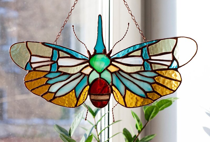 Stained glass window. Cicada, butterfly with colored wings. Glass Suncatcher - Wall Décor - Glass Yellow