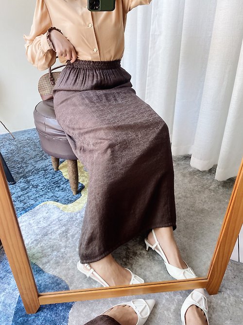 河水山 咖啡褐色立體織紋優雅少女 古著棉混絲質彈性下身裙長裙vintage