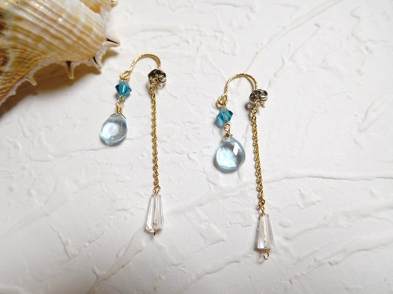 Light blue topaz stone bag 14K gold front and rear hanging earrings dual-use can change the reservation - Earrings & Clip-ons - Gemstone Blue