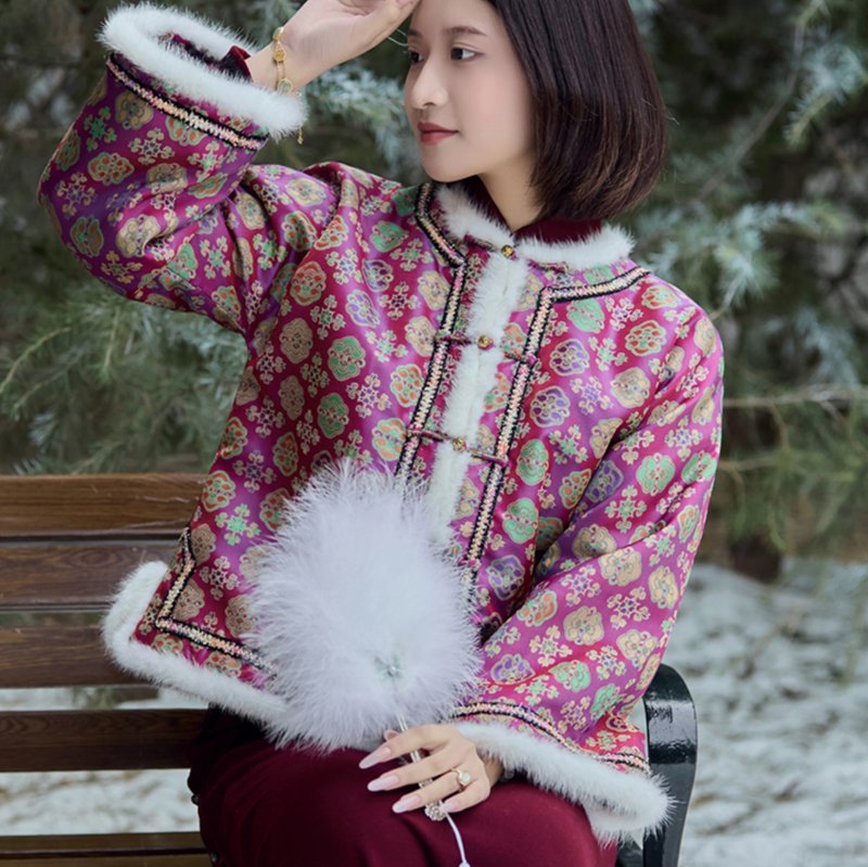 【瑞錦水貂毛】 新中式復古/倒大袖加厚外套 - 女上衣/長袖上衣 - 其他材質 紫色