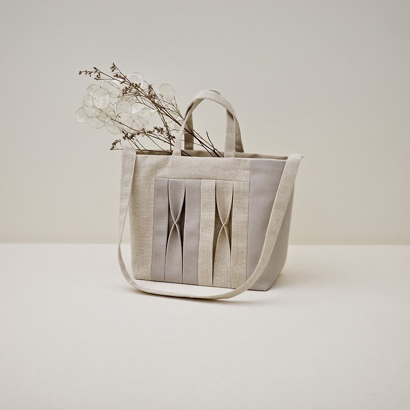 Three-dimensional pleated medium tote bag/canvas bag/handle and shoulder/back/side back/three-color splicing - Handbags & Totes - Cotton & Hemp Khaki