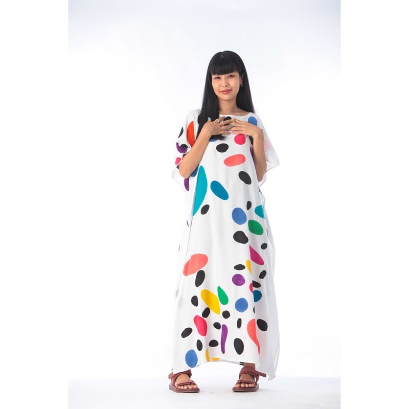 Hand Painted Cotton Silk Kaftan for Summer Resort Vacation F - 洋裝/連身裙 - 棉．麻 白色
