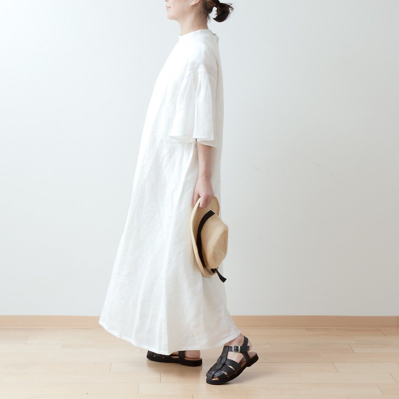Flare Half Sleeve A-line Linen Dress/Beige - One Piece Dresses - Cotton & Hemp White