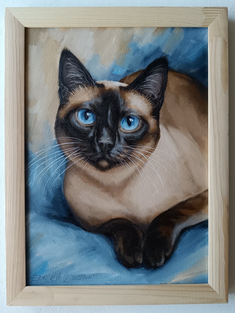 Siamese Cat Portrait Oil painting Thai Cat Art 25*35 cm - Wall Décor - Other Materials Blue