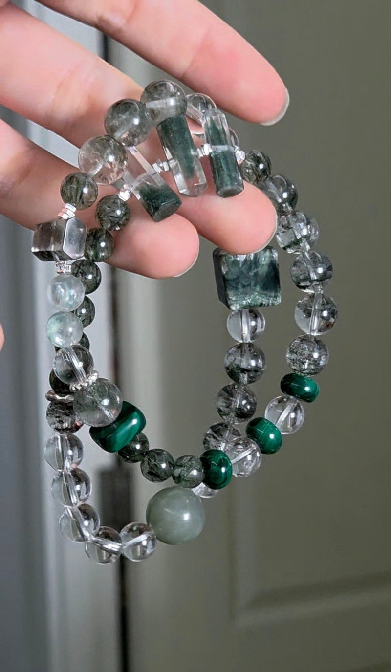 綠色系水晶多寶雙圈• 綠幽靈、千層翠幽靈、玉化綠祖母晶、綠髮 - 手鍊/手環 - 水晶 綠色