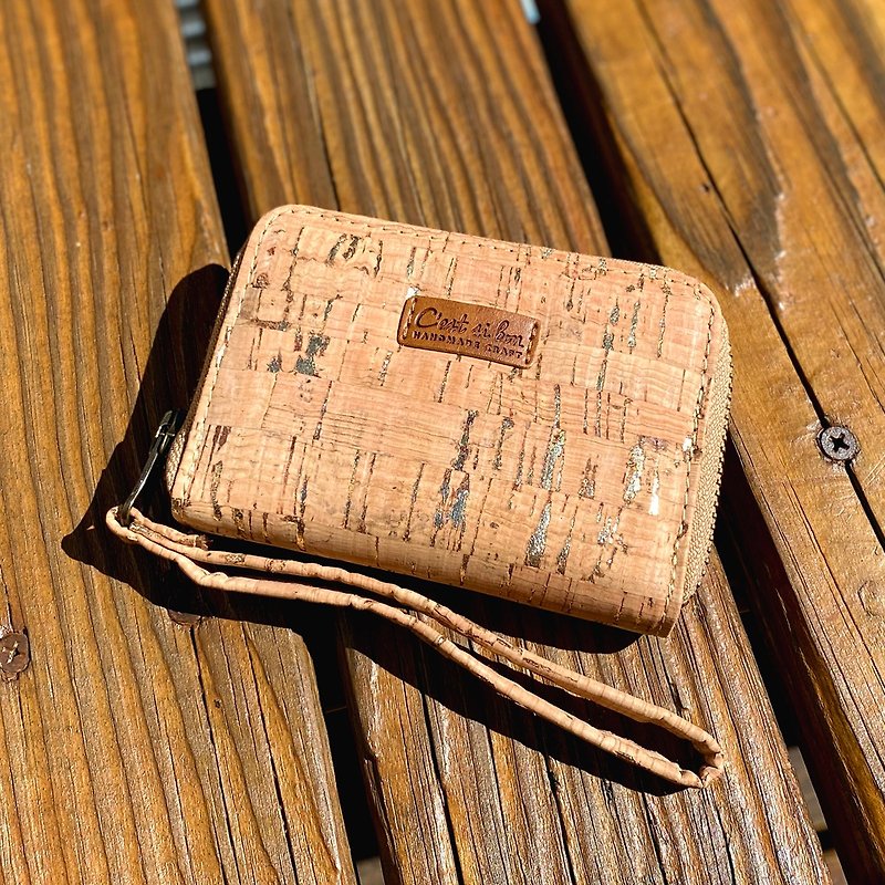 【手感軟木】拉鍊式卡片零錢包 環保輕量 木質調-金色奢華