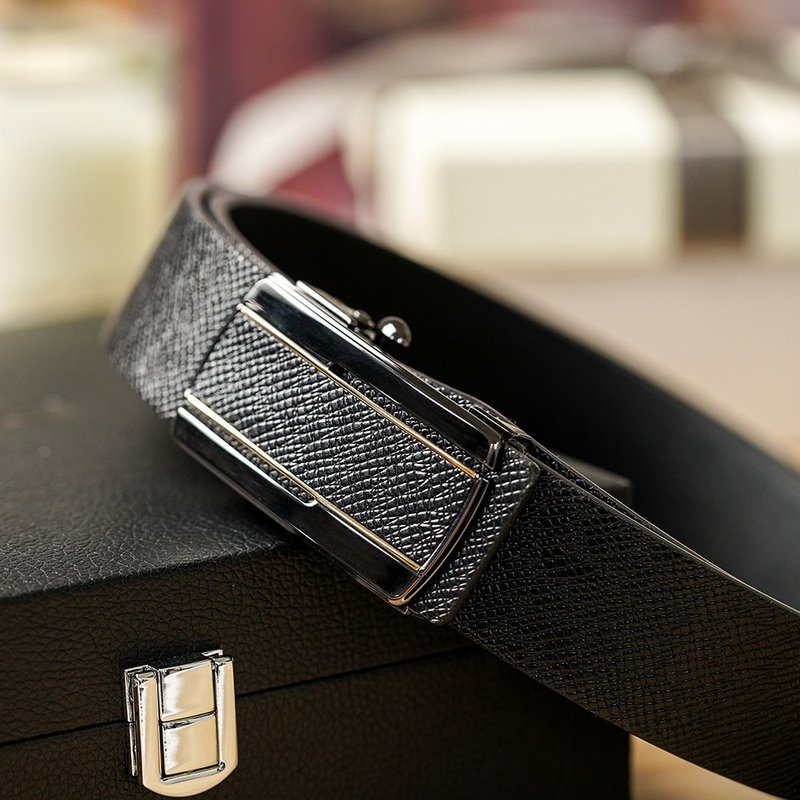 【FREED】手掌紋商務真皮自動皮帶 - 黑銀 - 皮帶/腰帶 - 真皮 黑色