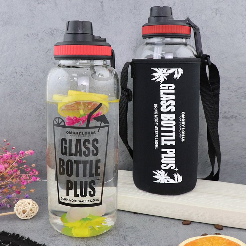 【OMORY】大容量耐熱玻璃養生瓶1200ML-附吸管/揹袋 - 水瓶/水壺 - 玻璃 透明