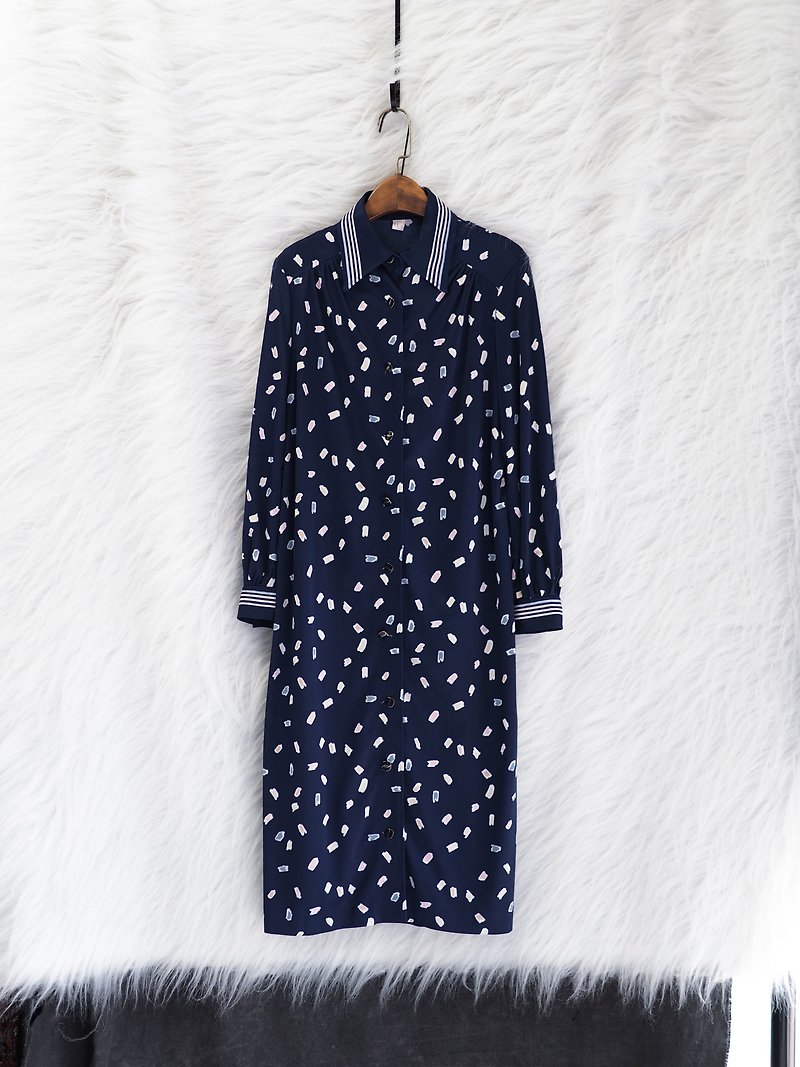 大阪深藍色彩塊面法瑯塗料釦 古董紡紗長版外套連身洋裝 vintage - 洋裝/連身裙 - 聚酯纖維 藍色
