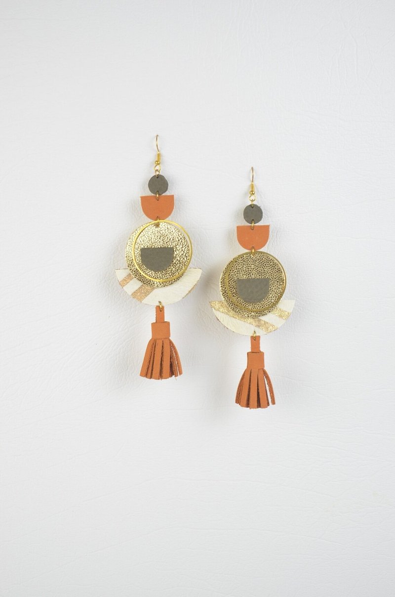 Leather Earrings in Orange and Calf Hair & Gold Recycled Sustainable Jewellery - Earrings & Clip-ons - Genuine Leather Orange