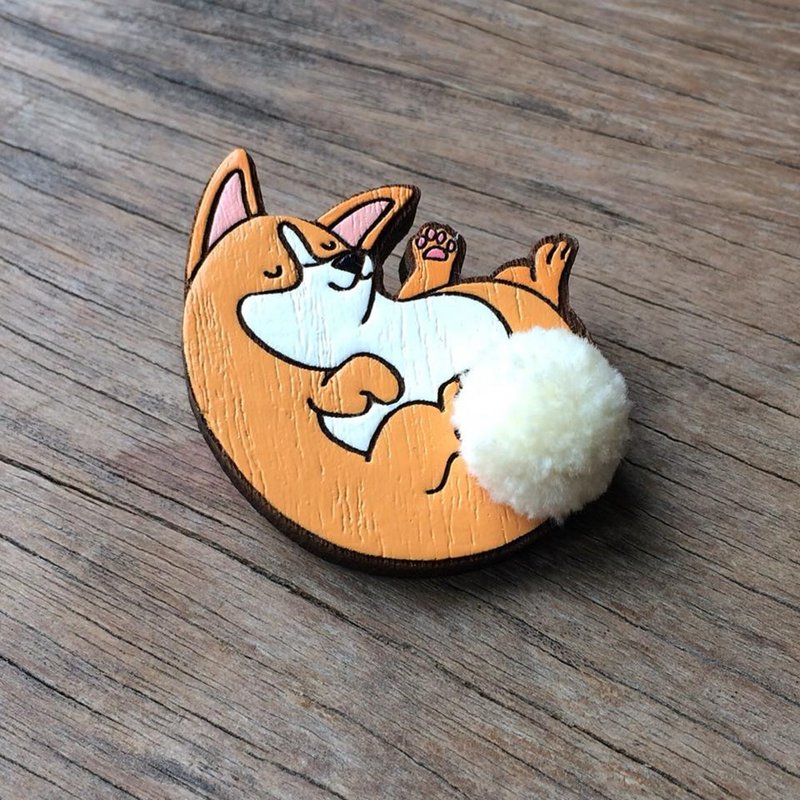 Wooden brooch fluffy tail corgi - 胸針 - 木頭 橘色