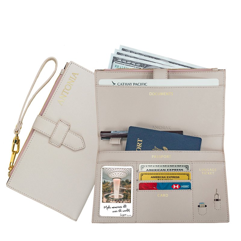 Custom Lettering Saffiano Leather Travel Document Wallet Passport Holder - Beige - กระเป๋าสตางค์ - หนังแท้ สีกากี