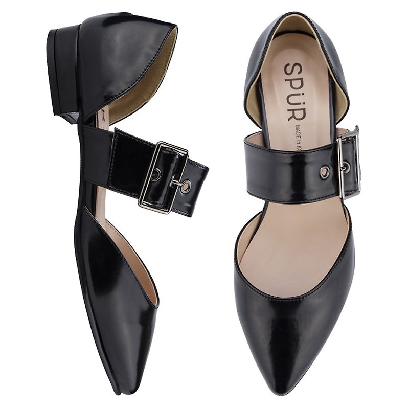 SPUR 型格皮帶扣尖頭鞋 LS8029 BLACK - 女款休閒鞋 - 人造皮革 黑色