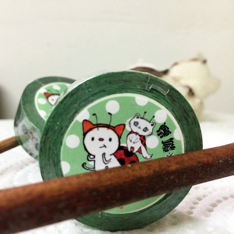 Cat White and Ladybug Paper Tape - Washi Tape - Paper Green