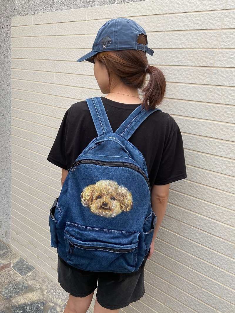 Custom pets like Yan painted denim backpack - กระเป๋าเป้สะพายหลัง - วัสดุอื่นๆ สีน้ำเงิน