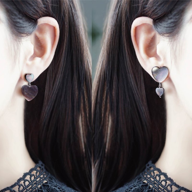 黑珍珠心形不對稱耳針Sayo - 耳環/耳夾 - 寶石 黑色