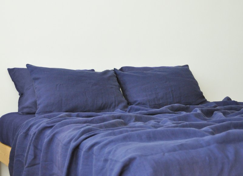Indigo linen sheet set / Flat+fitted sheet+2 pillowcases / Blue bedding - 寢具/床包 - 亞麻 藍色