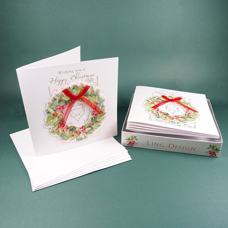 立體樹葉花圈 耶誕盒卡5入【Ling Design-LD卡片 聖誕節系列】 - 卡片/明信片 - 紙 多色