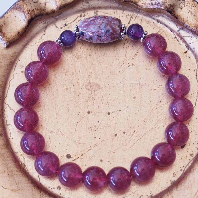 草莓晶 愛情水晶 海洋碧玉 純銀手環 Strawberry Quartz Bracelet - 手鍊/手環 - 水晶 紅色