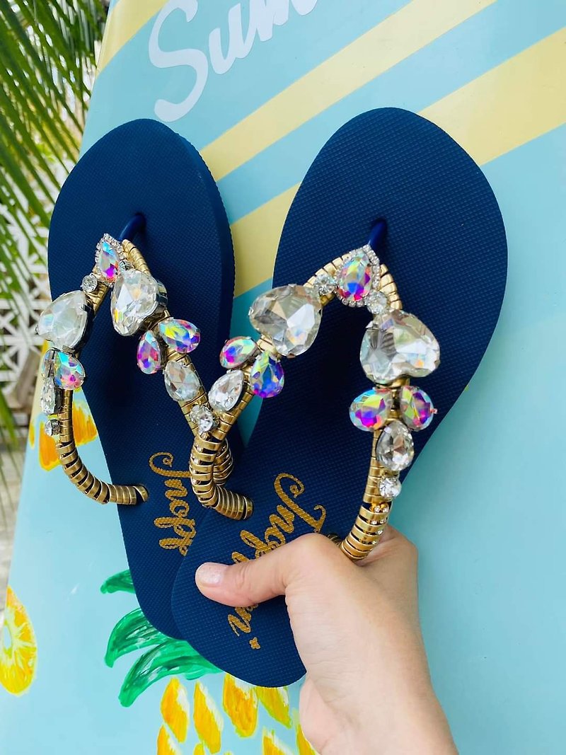 Jeweled Flip Flops Bling Flip Flops Blue Rhinestone Sandals Beach Sandals Shoes - 拖鞋 - 其他材質 藍色