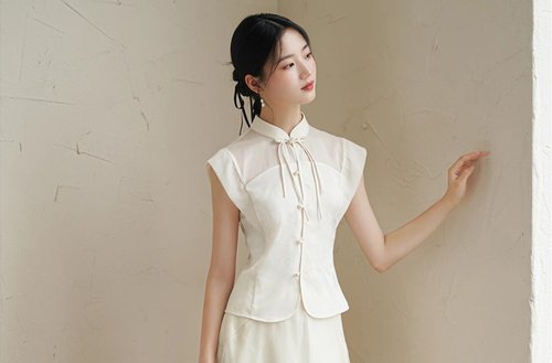 初蟬 新中式復古中國風 收腰盤扣小飛袖 上衣/半裙