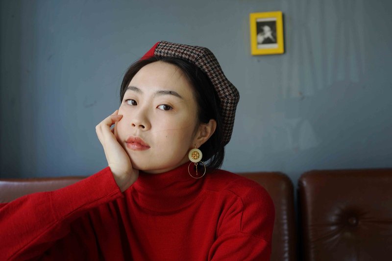 設計手作-復古英倫風Tweedc懷舊粗毛呢拼色紅色系南瓜貝雷帽 - 帽子 - 羊毛 紅色