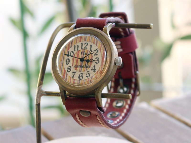 Via Aurelia (Vertical Stripe Retro Pattern & Red) - Women's Watches - Copper & Brass Red