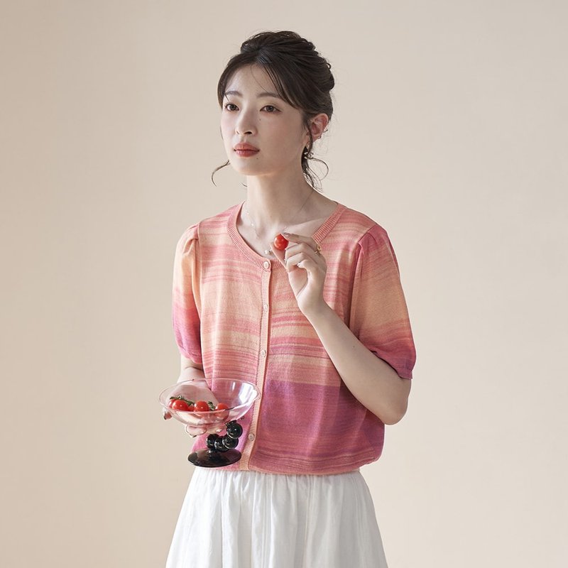 桃粉色V領針織開衫|針織衫|外套|春夏款|Sora-1170 - 女毛衣/針織衫 - 其他人造纖維 粉紅色