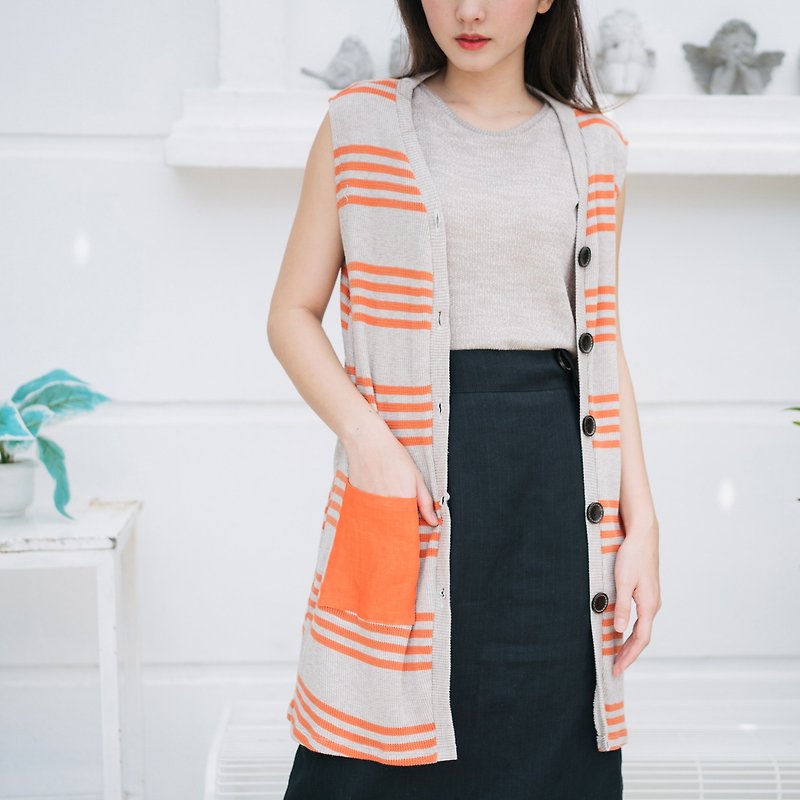 【Off-season sale】เสื้อกั๊กคาดิแกน - เสื้อกั๊กผู้หญิง - ผ้าฝ้าย/ผ้าลินิน สีส้ม