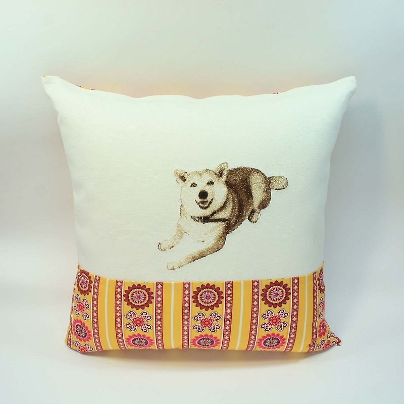 大きな刺繍枕カバー02柴犬 - 枕・クッション - コットン・麻 イエロー