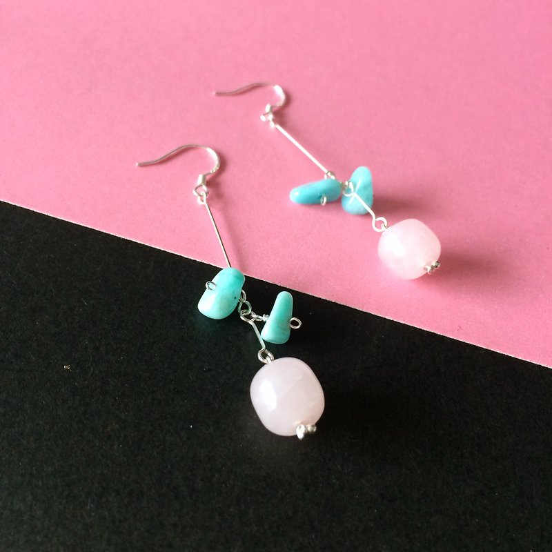 Miss Flora | 925 silver-rose quartz& amazonite pierced earrings - Earrings & Clip-ons - Gemstone Multicolor