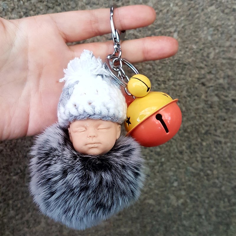 Sleeping baby with Furry Ball - keychain, cell phone / purse accessory  - ที่ห้อยกุญแจ - ดินเผา 