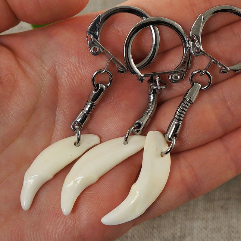 Real Wolf Tooth Fang Keychain White Wolf Tusk Teeth Evil Eye Amulet Key Ring - ที่ห้อยกุญแจ - วัสดุอื่นๆ ขาว