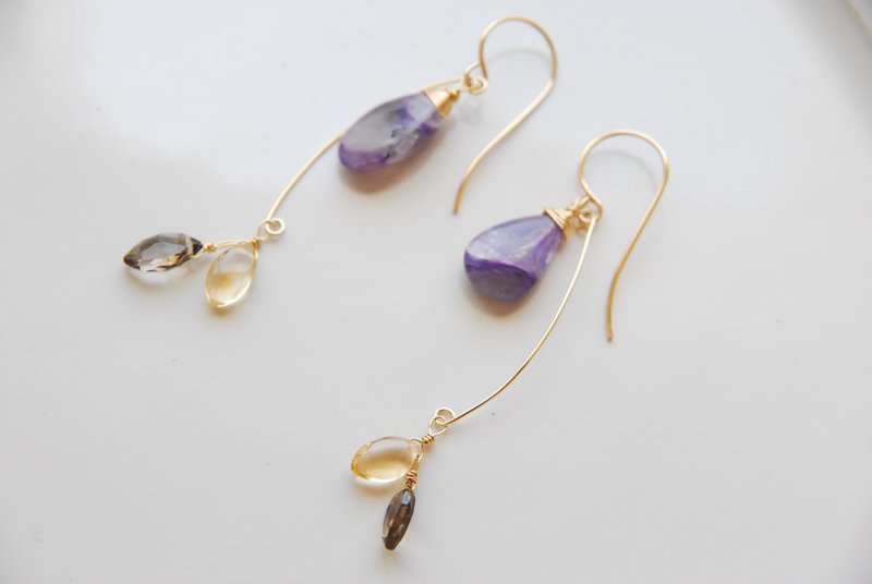 エンジェルシリカと秋の葉の風にゆれるピアス　14kgf - 耳環/耳夾/耳骨夾 - 半寶石 紫色