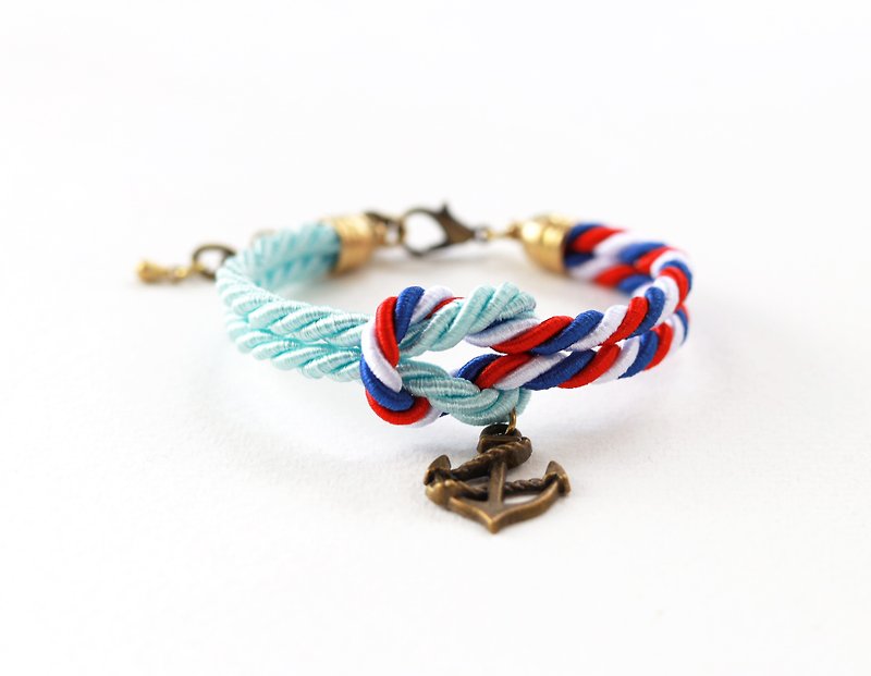 Icy blue / tri-color knot rope bracelet with anchor charm - Bracelets - Other Materials Blue