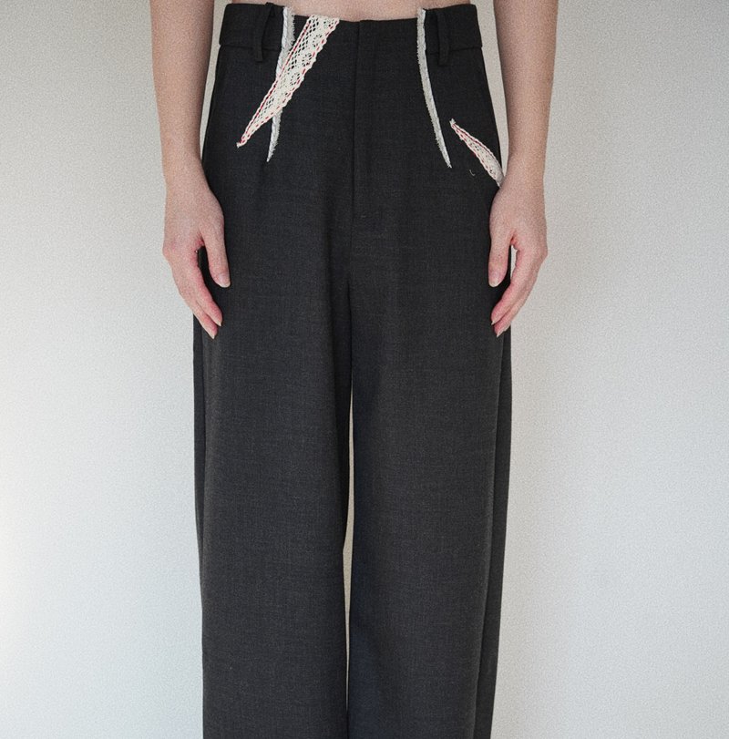 【ロマンティックに葬られたモンスター】クラシックジェンダーレスヴィンテージ／ハンドメイドストレートパンツ - パンツ ユニセックス - ウール グレー