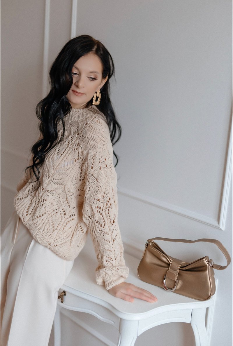 Handmade knit sweater for women Cotton lace sweater in beige L - 女毛衣/針織衫 - 棉．麻 