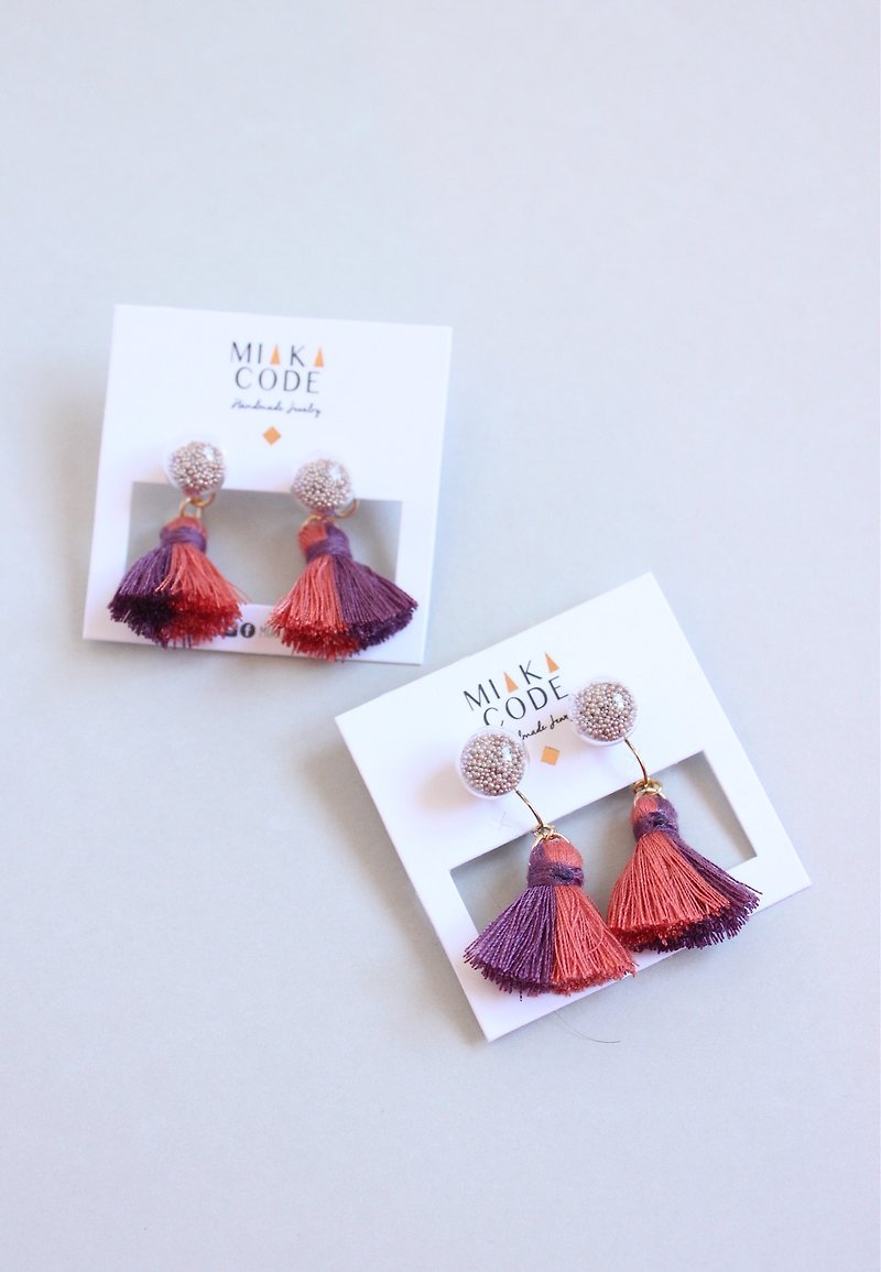 10mm transparent glass ball color matching tassel (orange purple) earrings/ Clip-On - Earrings & Clip-ons - Glass 