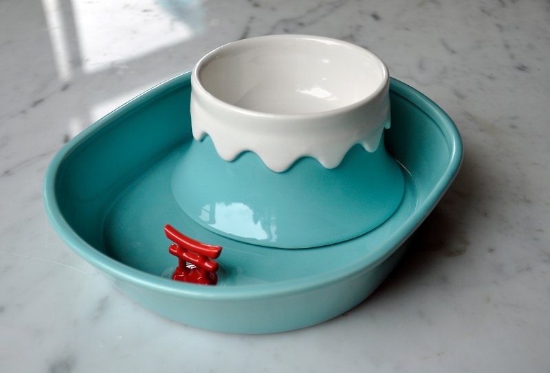 陶器製富士山ペット食器セット,アリ防止, 給水・給餌両用皿 - 食器 - 磁器 ブルー