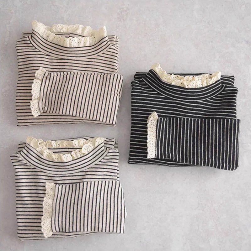 [Mori Zhihai] High collar striped bottoming top (pre-order) - Women's Tops - Cotton & Hemp Gray