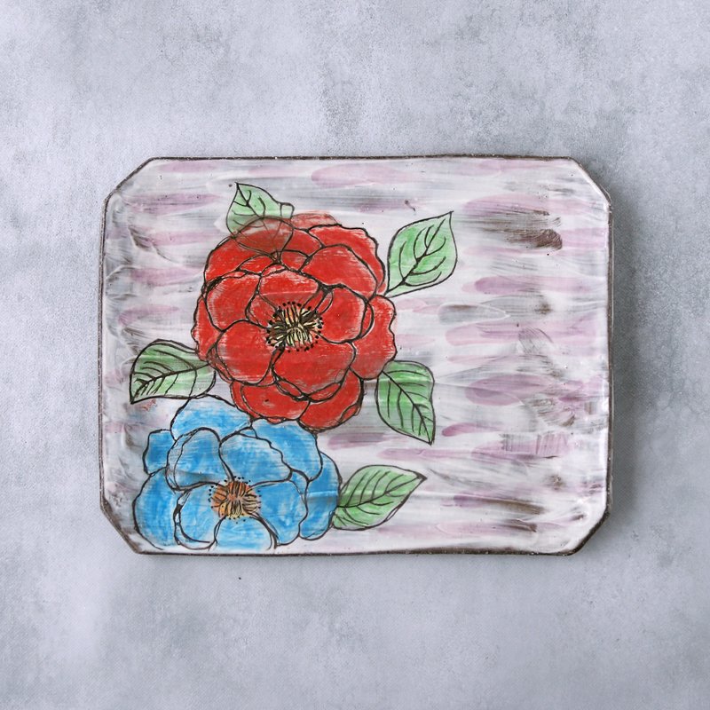 Rectangular plate with peony design - จานและถาด - ดินเผา สีแดง